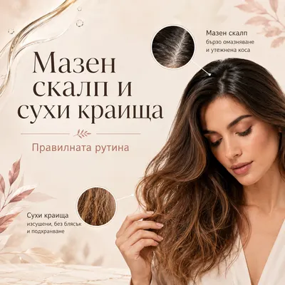 ✨ Мазен скалп, но сухи и изтощени краища? Да — напълно възможно е. Една от най-честите грешки е да третираме цялата коса